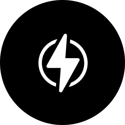 White lightning bolt inside circle on black.